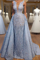 Elegant Blue Lace Sleeveless Deep V Neck Semi Formal Prom Dresses Party Dresses